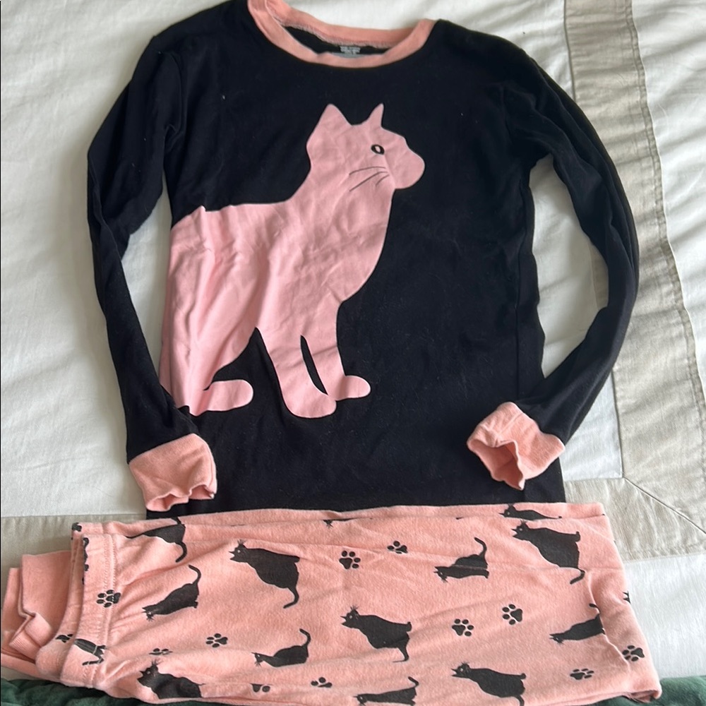 Pink and Black Cat Pajama Set with Reversible Design